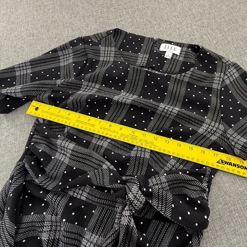ELLE Handkerchief Dress Plaid Large Boat Neck Black‎ Gray White Belt Tie - Picture 8 of 12